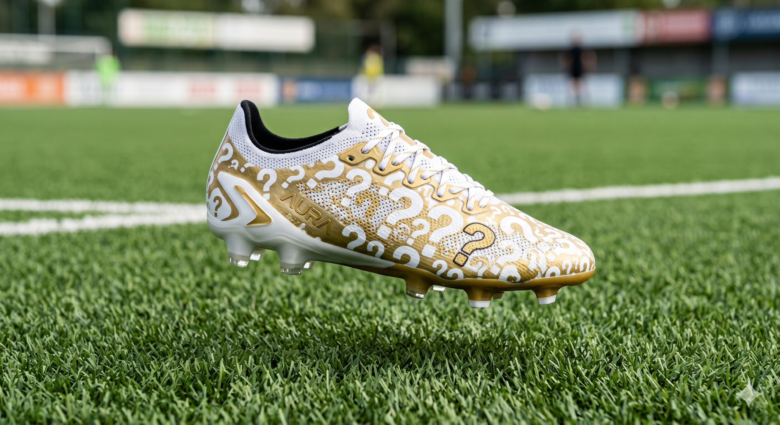A soccer boot hovering above a soccer pitch decorated in question marks.